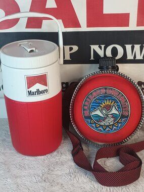 Vintage 90s Marlboro Adventure Team Gear Lot - Coleman 1-Gal Jug 5590 & Canteen